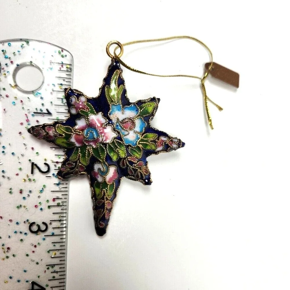Cloisonne Star Ornament Christmas Discovery Store Blue Floral 3.5 inch Tag